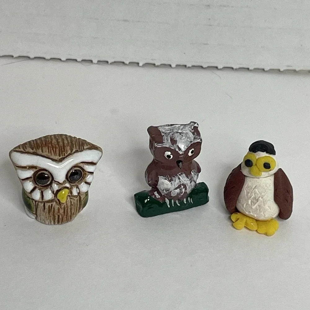 Vintage Lot of 3 Miniature Ceramic Clay & One Metal Owl Eagle Figurines Bird